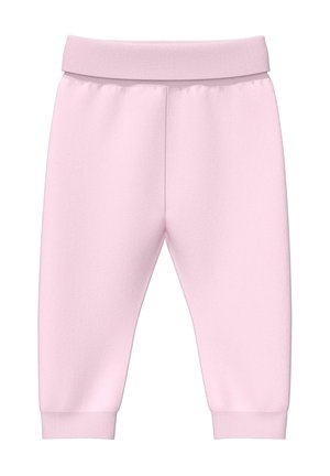 Lichtroze babybroekje met elastische tailleband en boorden, gemaakt van zachte stof, ontworpen voor comfort en bewegingsvrijheid.