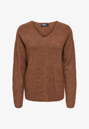 Jersey marrón de punto con cuello en V, de mangas largas y textura acanalada, exhibido sobre un fondo blanco.