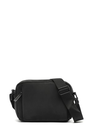 Black crossbody bag made of durable fabric, featuring a rectangular shape, adjustable strap, zip closure, and subtle texture details.