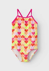 Bañador con un patrón de corazones multicolores en tonos de rosa, naranja y amarillo. Tirantes delgados y ajustables en rosa y tejido suave.