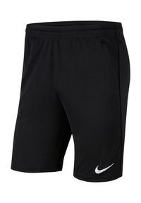 Schwarze Sportshorts mit elastischem Bund, aus leichtem Material, mit einem weißen Nike-Logo auf der unteren linken Seite.