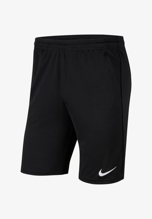 Shorts de sport noirs avec une taille élastique, fabriqués en matériau léger, arborant un logo Nike blanc en bas à gauche.