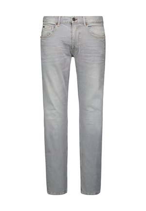 Jean en denim gris clair avec une coupe droite, cinq poches, des coutures contrastantes et une fermeture éclair avec un bouton.