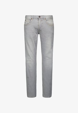 Lichtgrijze denim jeans met rechte pijpen, vijf zakken, contrasterende stiksels en een rits met knoopsluiting.