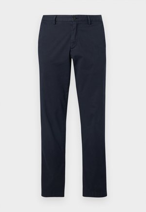 Navy blue cotton trousers with a straight fit, belt loops, front pockets, and a button closure. Features a smooth texture and clean design.