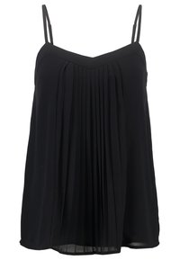 Czarny bezrękawnik z cienkimi ramiączkami i pionowymi plisami z przodu, luźny krój i lekko rozszerzany dół.