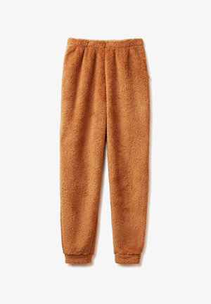 Pantaloni della tuta arancioni soffici con vita e polsini elasticizzati, realizzati in un tessuto morbido e testurizzato. Adatti per il comfort informale e il calore.