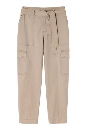 Beige cargo nadrág, megkötős derékkal, négy zsebbel és varrott részletekkel. Könnyű anyagból készült, enyhén textúrált felülettel.