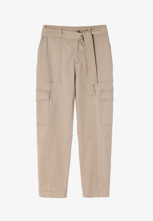 Beige cargo püksid, millel on sidumispael ja neli taskut, samuti õmblemise detailid. Valmistatud kergest kangast, millel on veidi tekstureeritud viimistlus.