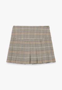 Plissé minirok in een geruit patroon met zwart, bruin en crème kleuren; gemaakt van gestructureerde stof met een aansluitende tailleband.