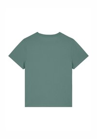 Korte mouwen t-shirt in gedempt teal kleur, gemaakt van een soepele stof. Eenvoudig ronde hals ontwerp zonder patronen of versieringen.