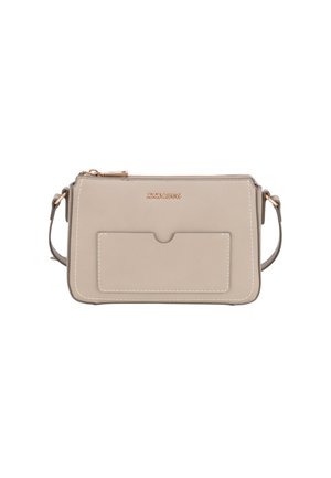 Borsa a tracolla beige realizzata in pelle liscia. Presenta una chiusura con zip, una tasca frontale e cuciture a contrasto sottili. Include una tracolla regolabile.