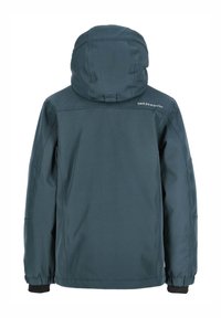 Ciemnoturkusowa wodoodporna kurtka z kapturem, elastycznymi mankietami i logo na plecach. Gładka faktura i klasyczny krój, idealna do aktywności na świeżym powietrzu.