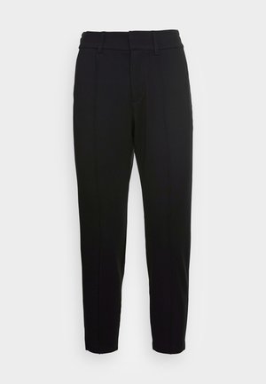 Pantaloni neri dal design elegante, con vestibilità su misura, vita standard, pieghe frontali e orlo alla caviglia. Tessuto dalla consistenza liscia.