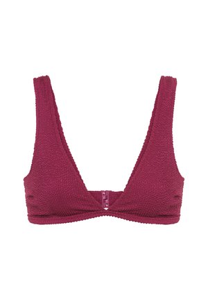 Burgundský textúrovaný bralet s hlbokým V-výstrihom, širokými ramienkami a predným zipom. Tkanina má jemný tkaný vzor.