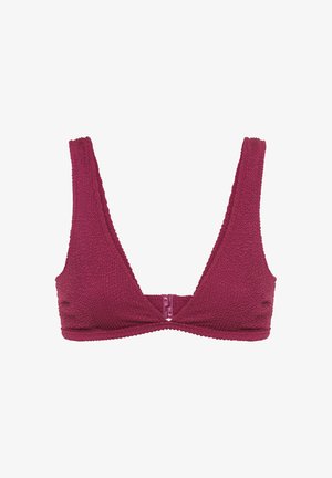 Bralette texturé bourgogne avec un décolleté en V profond, des bretelles larges et une fermeture éclair à l'avant. Le tissu présente un motif tissé subtil.