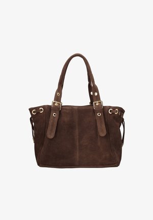 Bruine suède boodschappentas met twee korte handvaten, gouden metalen accenten en zijveters voor uitbreiding. Soepele textuur en gestructureerde vorm.
