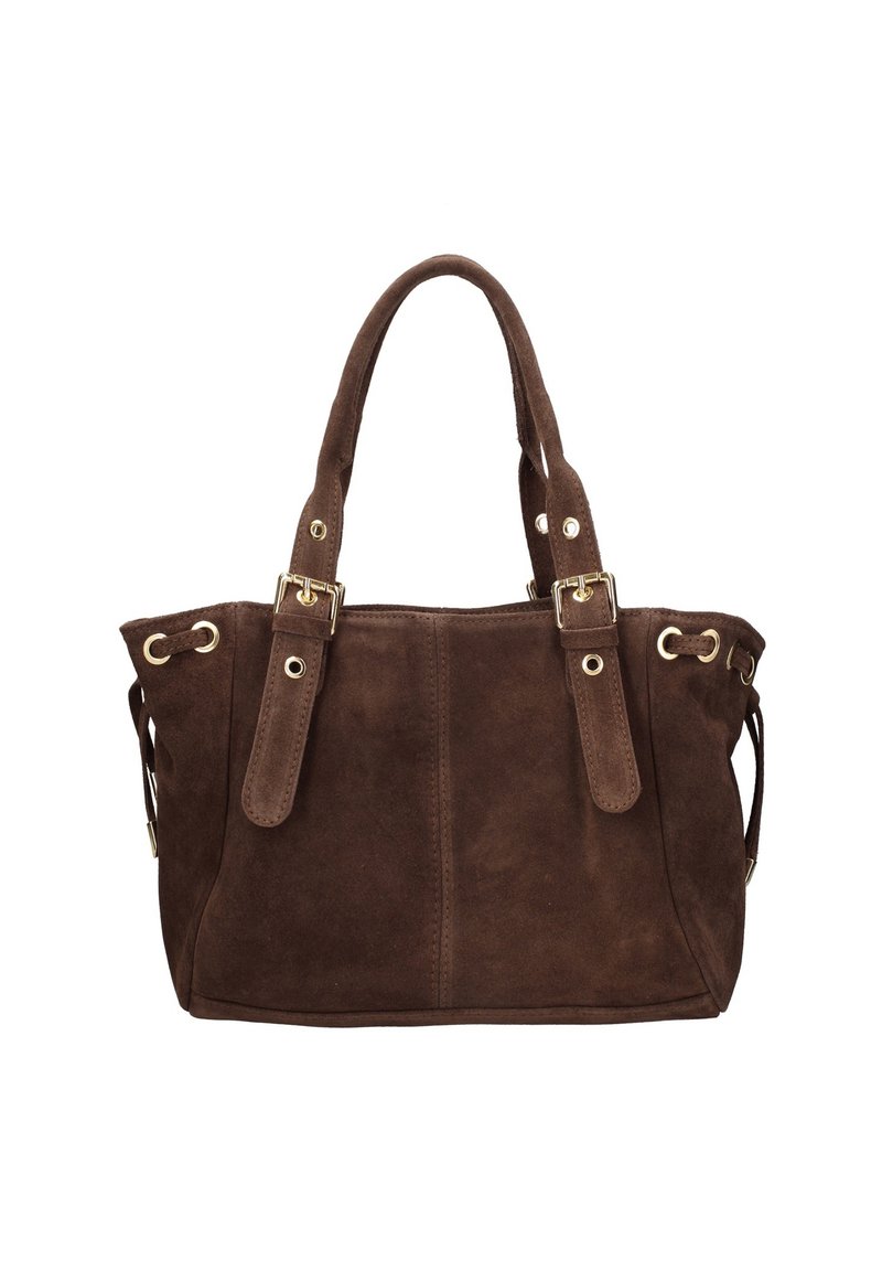 Sac cabas en daim marron avec deux poignées courtes, éléments dorés et cordons latéraux pour extension. Texture lisse et forme structurée.