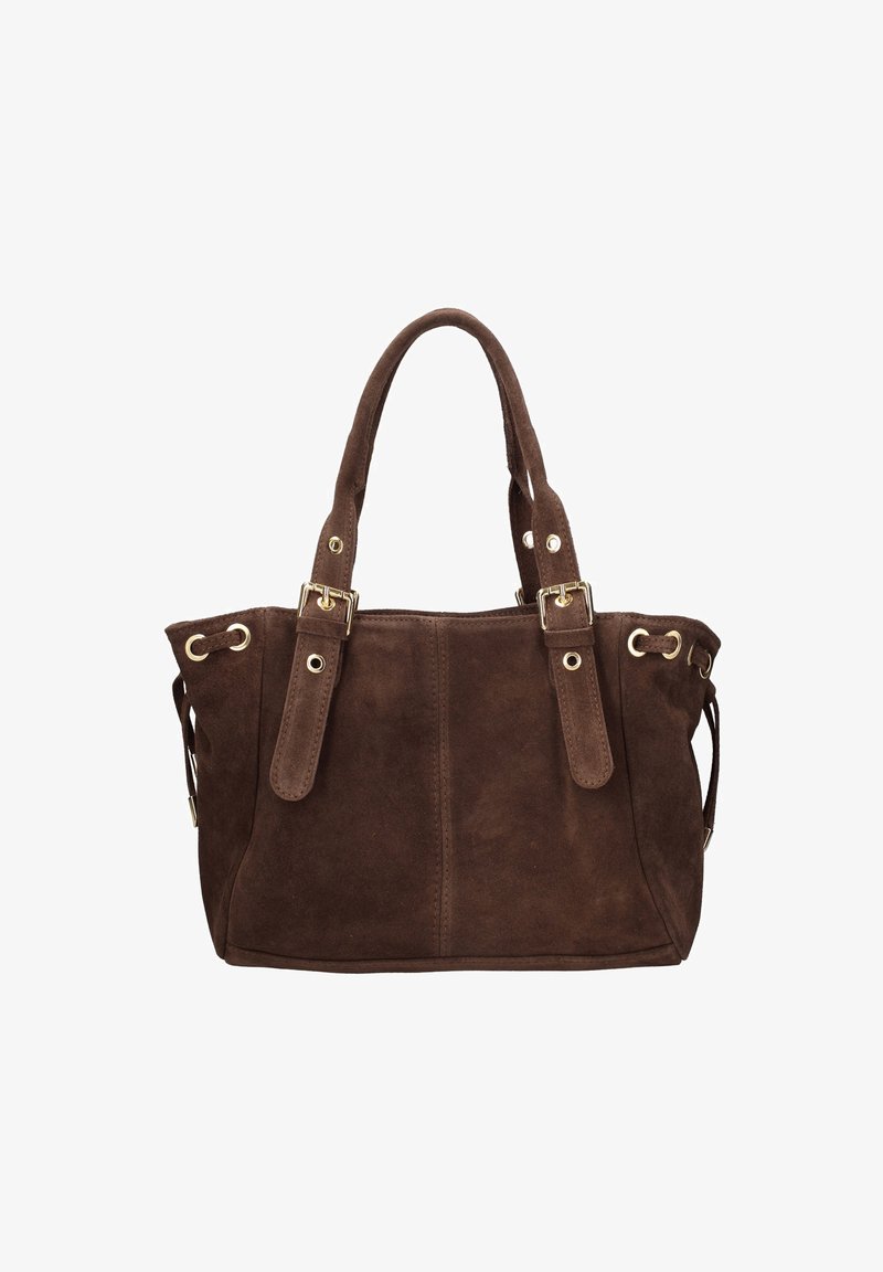 Sac cabas en daim marron avec deux poignées courtes, éléments dorés et cordons latéraux pour extension. Texture lisse et forme structurée.