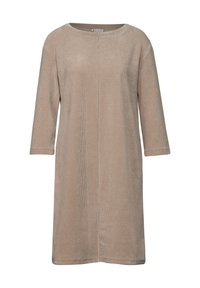 Robe beige à côtes avec un large col bateau, des manches trois-quarts et une coupe ample. Présente une couture centrale sur le devant. Texture douce.