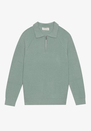 Pullover verde chiaro a costine con collo zip, colletto piatto e maniche lunghe. Presenta un tessuto testurizzato e una vestibilità rilassata.