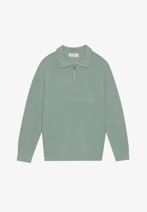 Hele roheline sooniline pullover, millel on tõmbluku kaelus, lame krae ja pikad varrukad. Omab tekstuurset kangast ja lõdva lõiget.