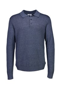 Marineblaues Langarm-Polohemd aus strukturiertem Stoff; verfügt über einen klassischen Kragen und drei Knöpfe am Halsausschnitt.