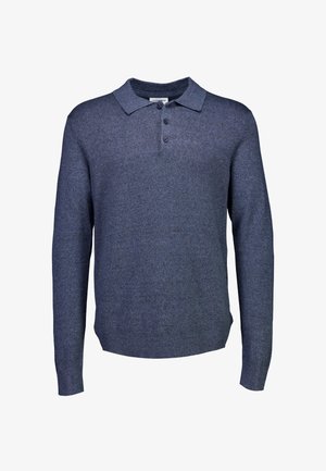 Marineblaues Langarm-Polohemd aus strukturiertem Stoff; verfügt über einen klassischen Kragen und drei Knöpfe am Halsausschnitt.