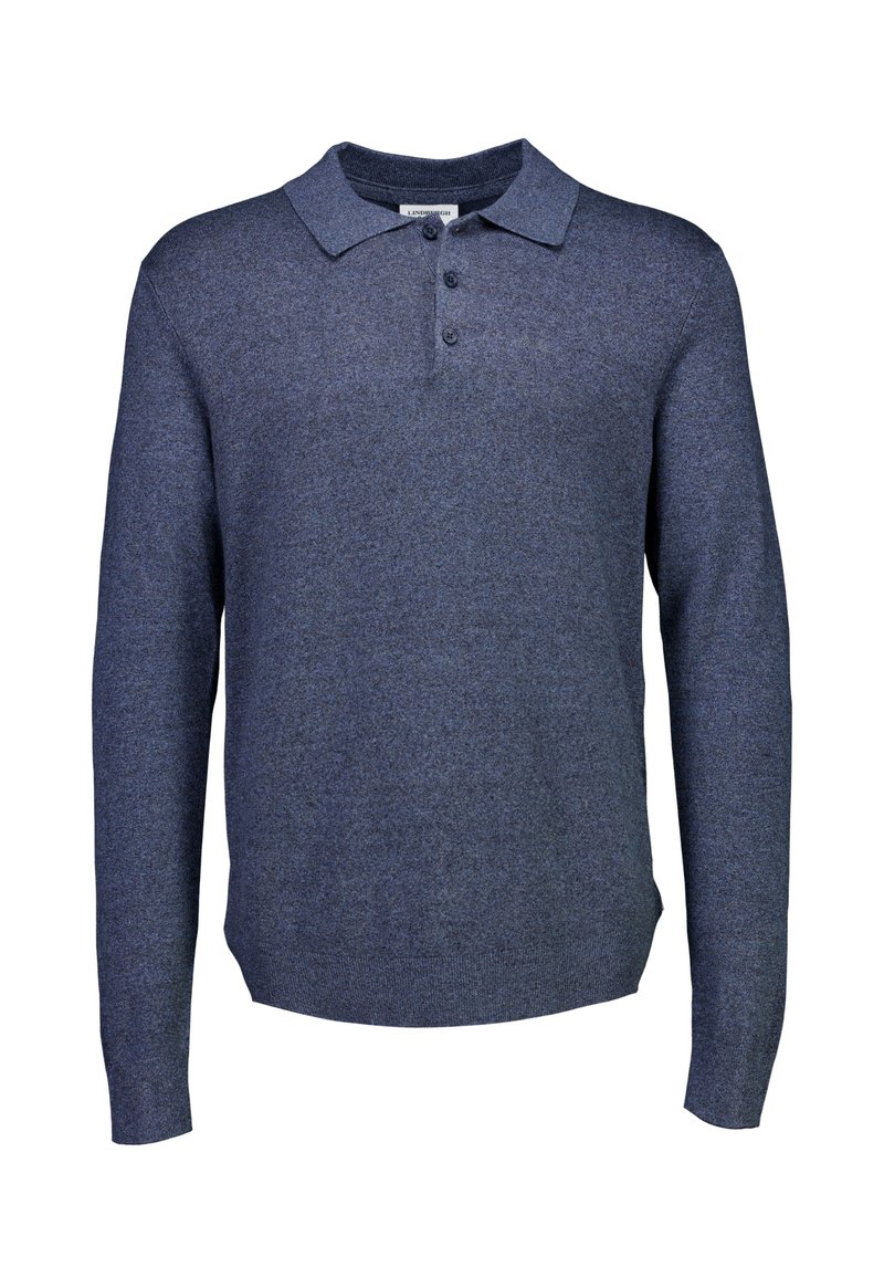Marineblaues Langarm-Polohemd aus strukturiertem Stoff; verfügt über einen klassischen Kragen und drei Knöpfe am Halsausschnitt.