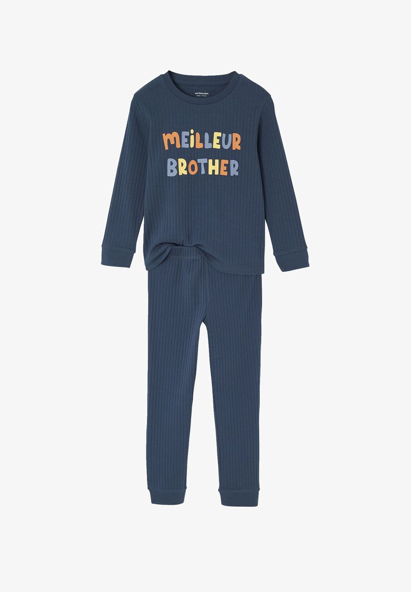 Navyblaues, geripptes Langarmoberteil und Hosen Set für Kinder, mit "MEILLEUR BROTHER" in bunten Buchstaben auf dem Oberteil.