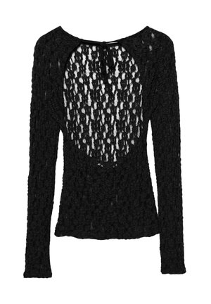Haut noir à manches longues avec un design en tricot texturé et ajouré, présentant un décolleté large en scoop et une fermeture à lien dans le dos.