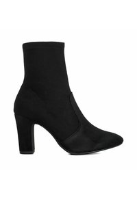 Black suede ankle boots with a high block heel, pointed toe, and a fitted shaft. No visible fastenings or embellishments.