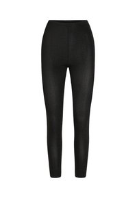Zwarte leggings van glanzende, rekbare stof. Beschikt over een hoge tailleband en een aansluitend ontwerp, geschikt voor verschillende activiteiten.