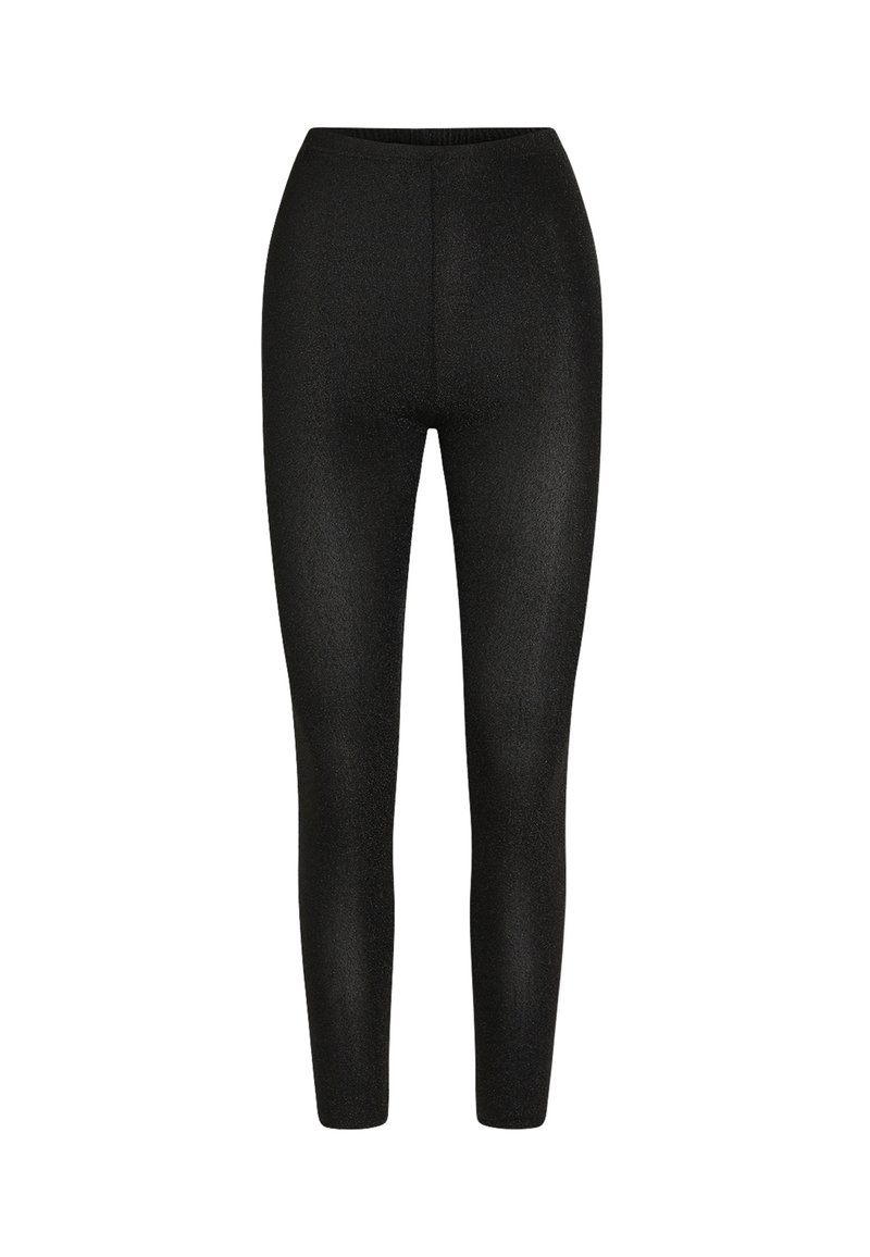 Zwarte leggings van glanzende, rekbare stof. Beschikt over een hoge tailleband en een aansluitend ontwerp, geschikt voor verschillende activiteiten.