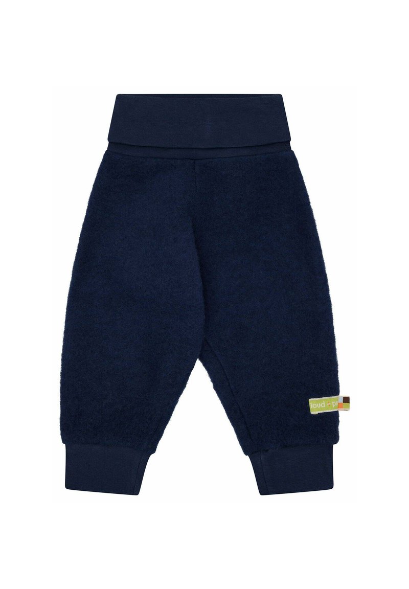 Marineblaue Fleece-Hosen mit weichem Griff, geripptem Bund und elastischen Bündchen; präsentieren ein buntes Markenlabel an der Seite.