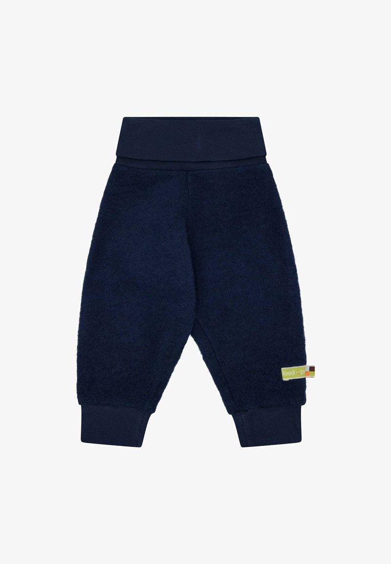 Marineblaue Fleece-Hosen mit weichem Griff, geripptem Bund und elastischen Bündchen; präsentieren ein buntes Markenlabel an der Seite.