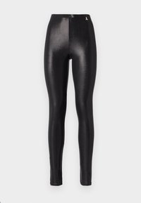 Leggings neri con finitura lucida e brillante, vita alta e design aderente; presentano un piccolo dettaglio dorato in vita.