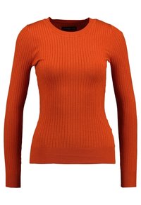 Maglione a maniche lunghe a coste di un arancione brillante, realizzato in un tessuto a maglia elasticizzato. Presenta una scollatura tonda e una silhouette aderente.