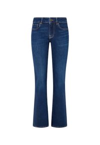 Jeans acampanados de mezclilla azul oscura con cintura, bolsillos frontales y acentos cosidos. La tela tiene una textura suave y un ligero estiramiento.