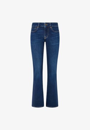 Jeans flared in denim blu scuro con vita alta, tasche frontali e dettagli cuciti. Il tessuto ha una consistenza liscia e una leggera elasticità.