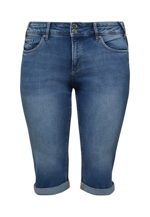 Blaue Jeans-Knielange Shorts mit aufgerollten Säumen, Vordertaschen, Gürtelschlaufen und Doppelknopfverschluss.