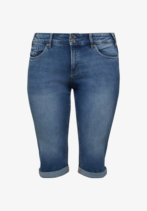 Blaue Jeans-Knielange Shorts mit aufgerollten Säumen, Vordertaschen, Gürtelschlaufen und Doppelknopfverschluss.