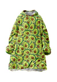 Zaļš pārmērīgi liels kapucis ar atkārtotu avokado rakstu, kurā ir karikatūras varoņi, mīksta tekstūra un oderēta iekšpuse siltumam.