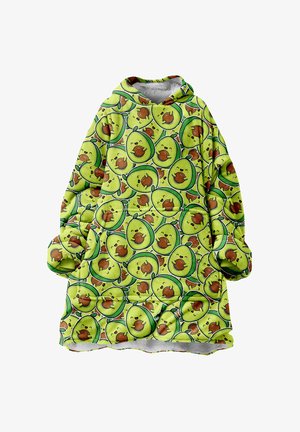 Zaļš pārmērīgi liels kapucis ar atkārtotu avokado rakstu, kurā ir karikatūras varoņi, mīksta tekstūra un oderēta iekšpuse siltumam.