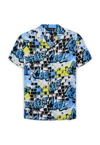 Camicetta a maniche corte con un vivace motivo di graffiti in blu, nero e giallo, con elementi testuali e un design del colletto rilassato.