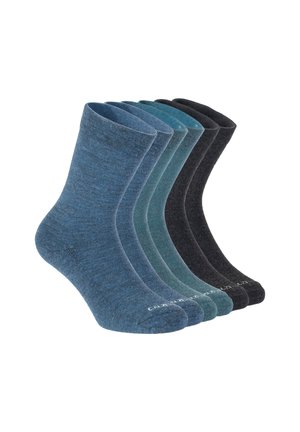 Six pairs of crew-length socks in shades of blue, teal, and black, arranged side by side on a white background.