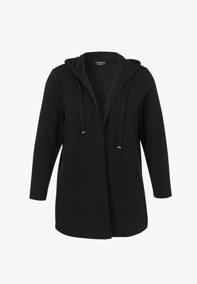 Schwarzer Kapuzenpullover aus weichem Material, mit einer lockeren Passform, Fronttaschen und einem schlichten, minimalistischen Design.