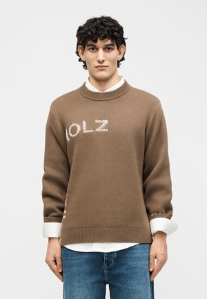 Young man with curly hair wearing brown knit sweater with white text "IOLZ" over white shirt and blue jeans, standing against plain background.