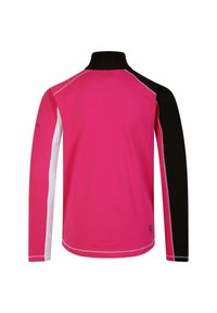 Langärmliges Sportshirt mit einem auffälligen pinken Körper, schwarzen Ärmeln und weißen Akzenten, ausgestattet mit Flachnaht und einem Stehkragen-Design.