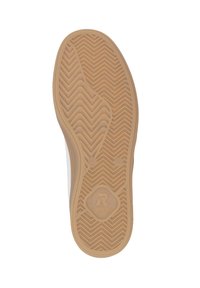 Semelle de chaussure en caoutchouc marron clair avec un motif de semelle en zigzag ; présente un logo circulaire portant l'inscription "rieker" et des marquages de taille.